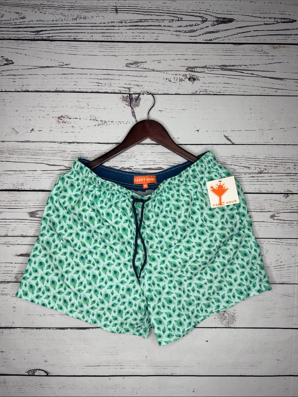 NWT Happy Hour Peacock Print Swim Trunks Men’s Medium Green Blue